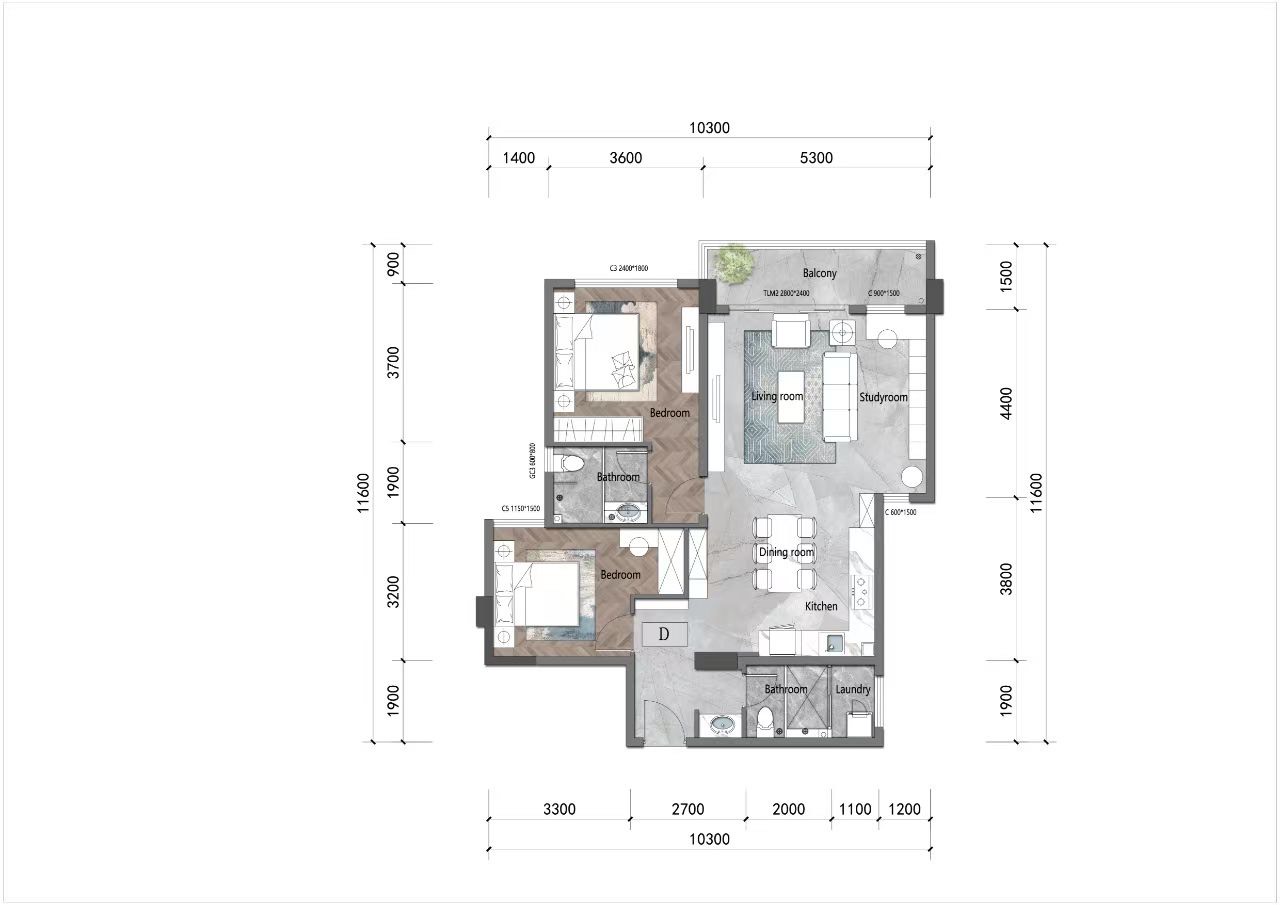 Two-bedroom Riara Oasis floor plan with study, two bathrooms and balcony